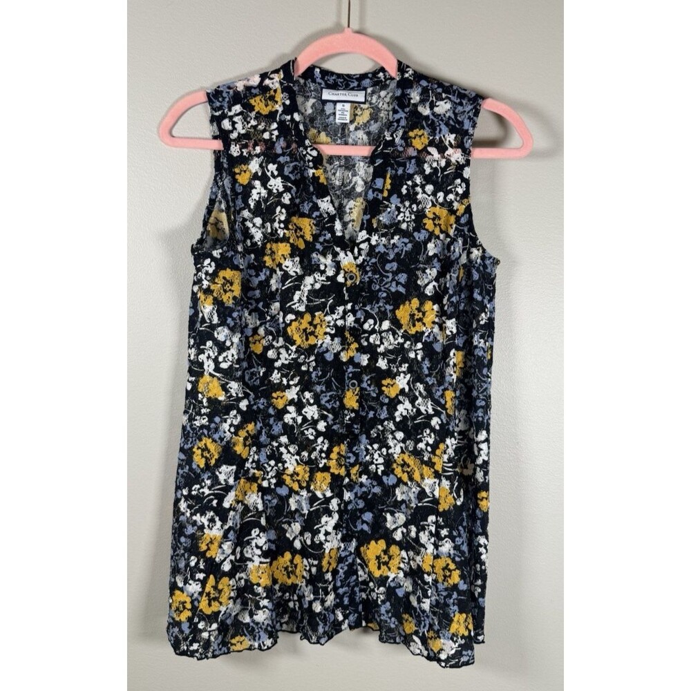 Charter Club Womens Floral Lace Collared Button-Up Sleeveless Blouse - S